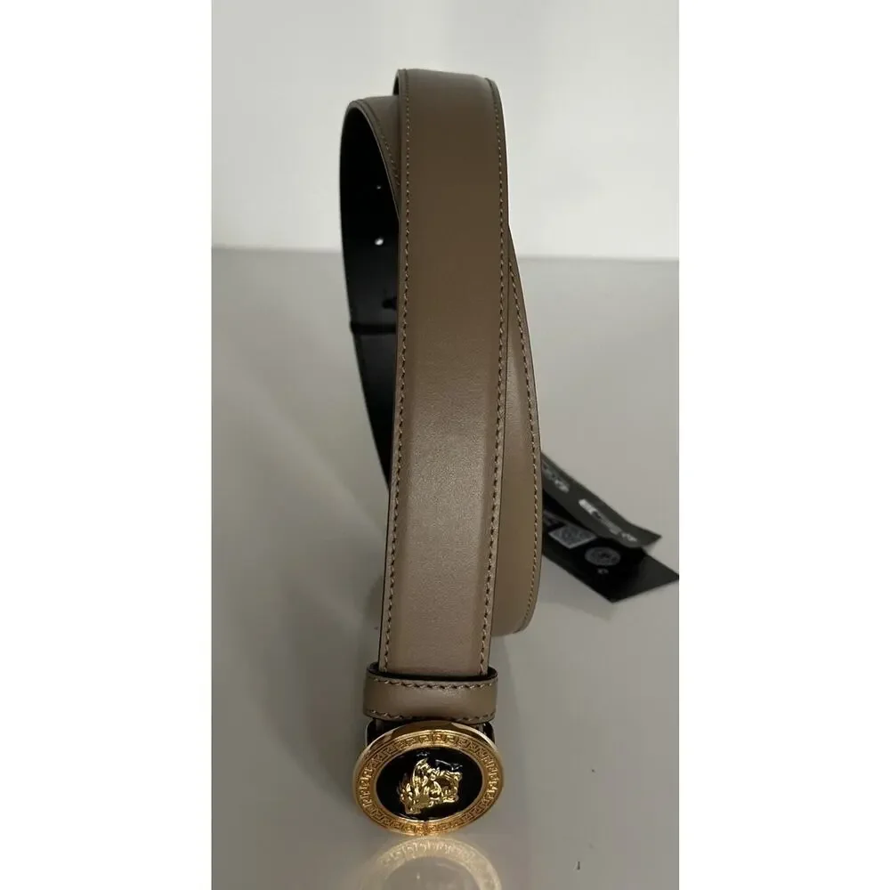 Versace Medusa-Buckle Brown Slim Calf Leather Belt 100 (40) IT 1012369 NWT $550